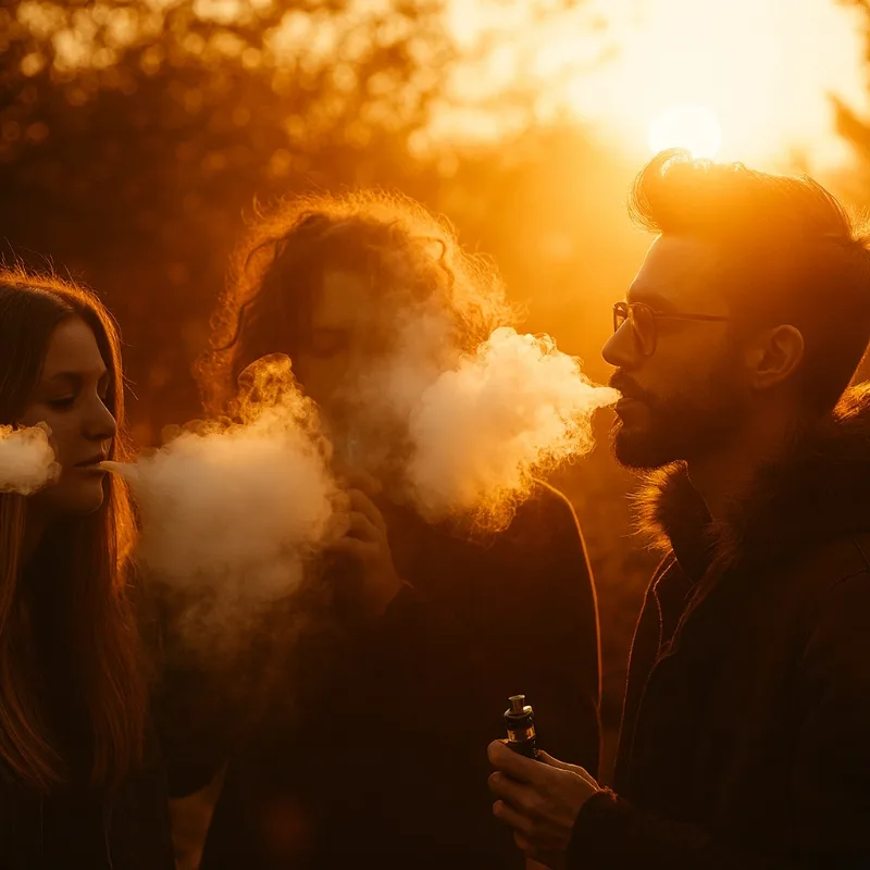 Friends vaping outdoors with 70000 puffs vape at sunset.