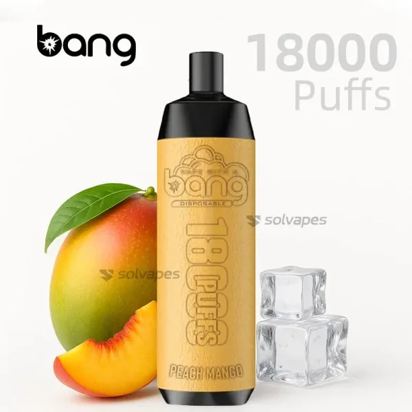 Bang Crown Bar 18000 Peach Mango flavor disposable vape and packaging.