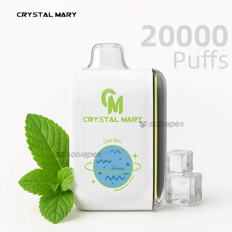 CM-Pulse 20000 Cool Mint disposable vape with mint leaves and ice cubes.