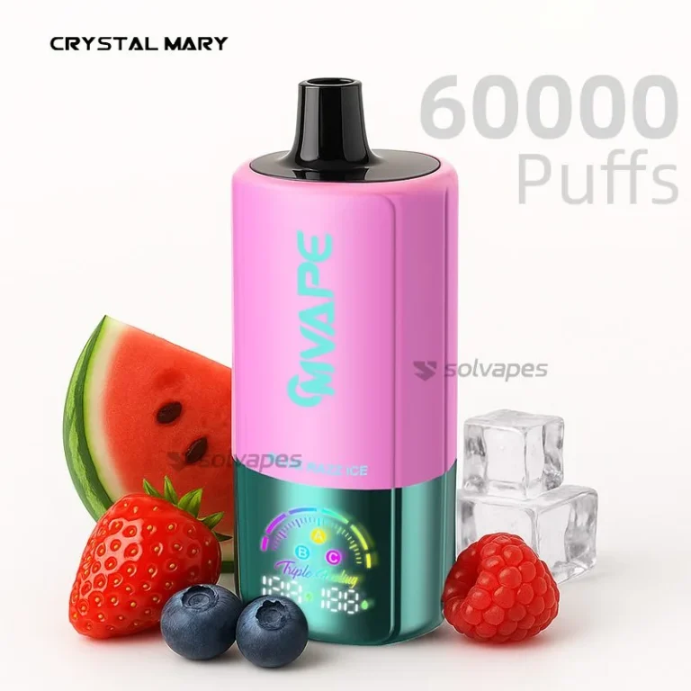 CM Triple 60000 disposable vape, triple flavor switch, pink body with fruits and ice.
