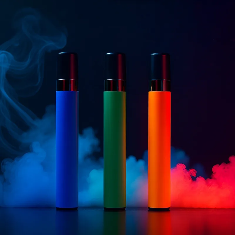 Drei bunte Vapes mit Rauch – Kalorien im Vape Konzept