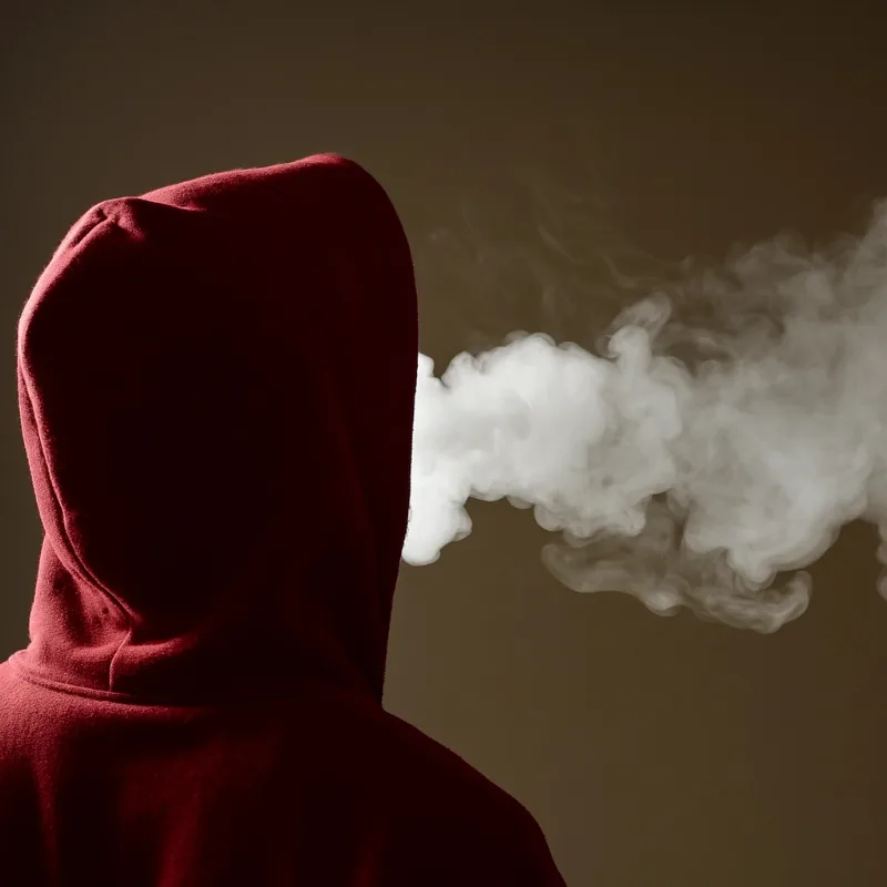 Person exhaling vapor in hoodie – refillable pod vapes concept