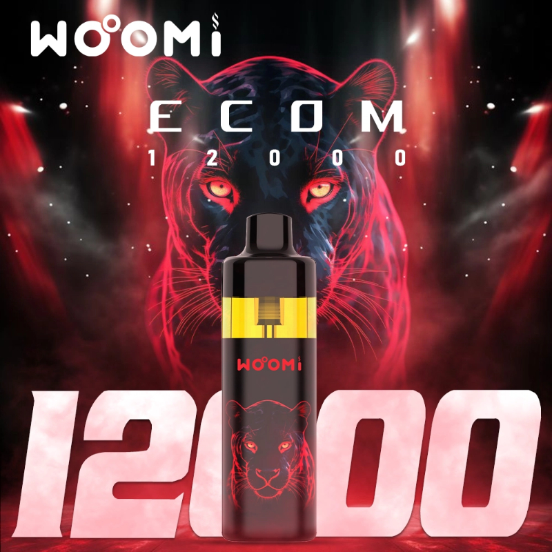 Woomi Ecom 12000 disposable vape Mango Ice flavor with visible e-liquid tank.