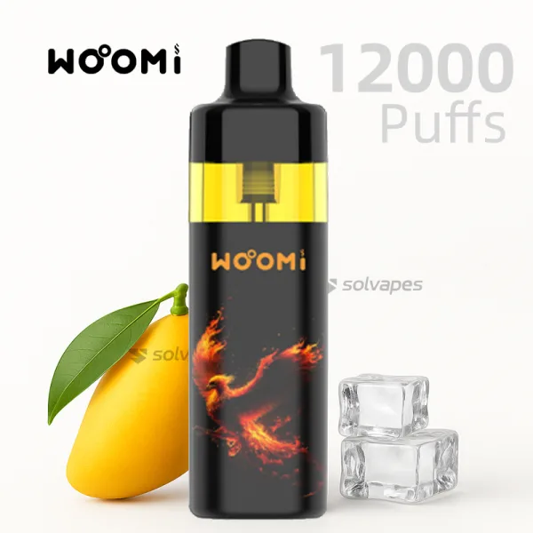 Woomi Ecom 12000 disposable vape Mango Ice flavor with visible e-liquid tank.