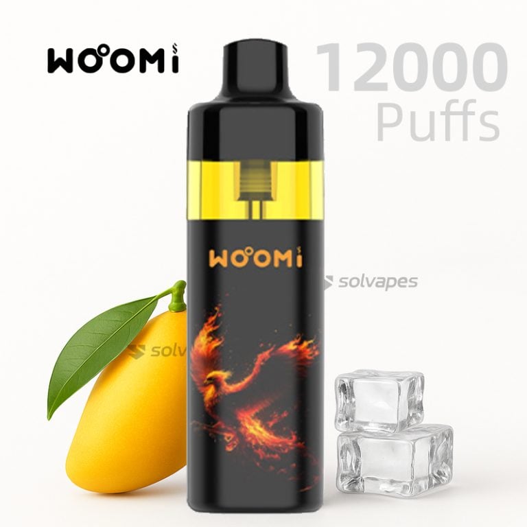 Woomi Ecom 12000 disposable vape Mango Ice flavor with visible e-liquid tank.