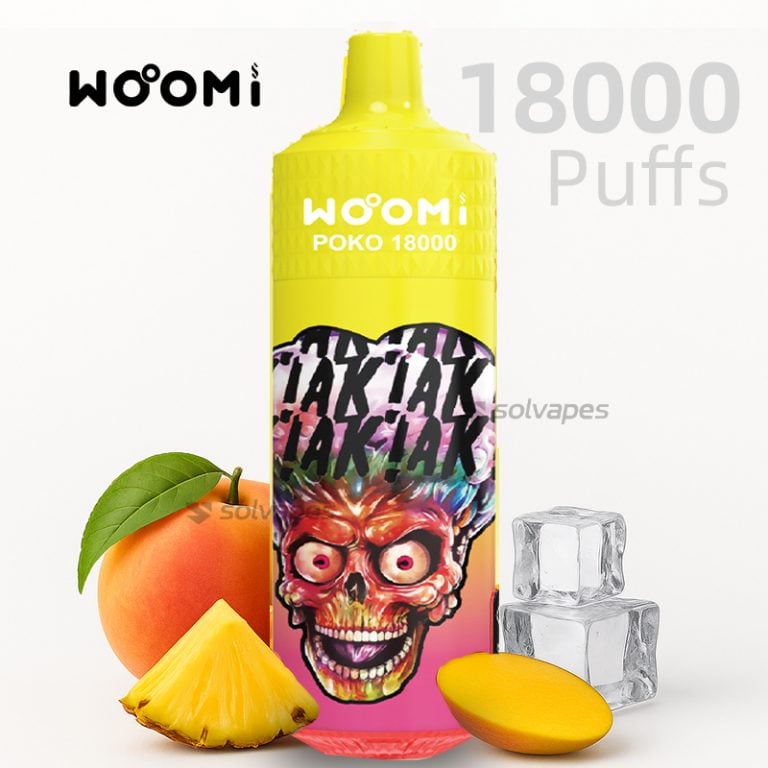 Woomi POKO 18000 disposable vape Peach Pineapple Mango flavor with fruity design.