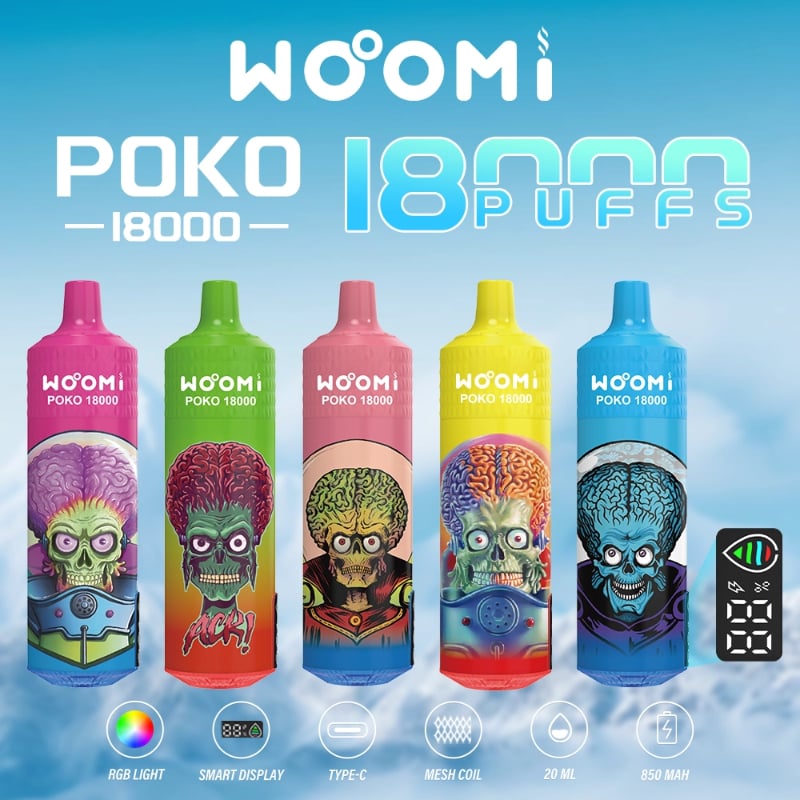 Woomi POKO 18000 disposable vape Peach Pineapple Mango flavor with fruity design.