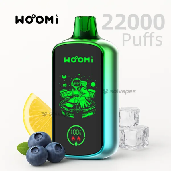 Woomi Play 22000 disposable vape Lemon Blueberry flavor with LED screen design.