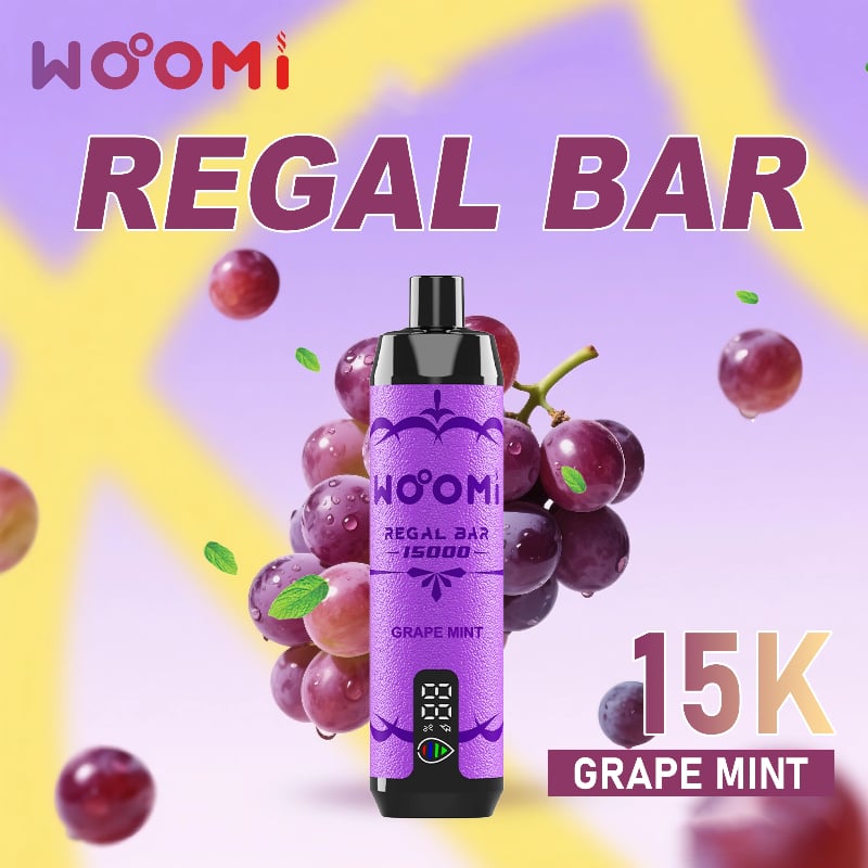 Woomi Regal Bar 15000 disposable vape Grape Mint flavor with purple design.