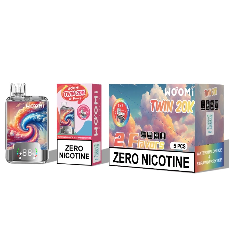Woomi Twin 20000 disposable vape dual flavor design with watermelon, strawberry, and ice cubes.