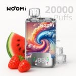 Vape trends for 2025 Woomi Twin 20000 disposable vape dual flavor design with watermelon, strawberry, and ice cubes.