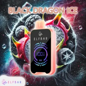Top-rated vape brand,ELFBAR Black Dragon Ice disposable vape with LED screen displayed in front of frozen dragon fruit and berries background.