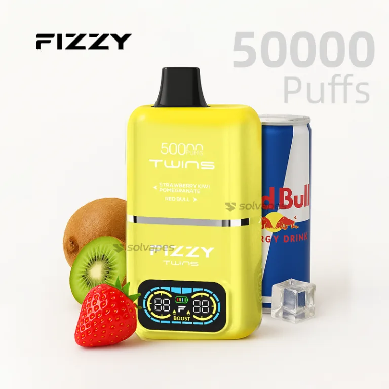 Fizzy Twins 50K disposable vape with dual flavors and LED display.