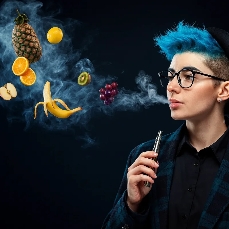 Woman vaping fruity clouds, concept of most popular vape flavor options.