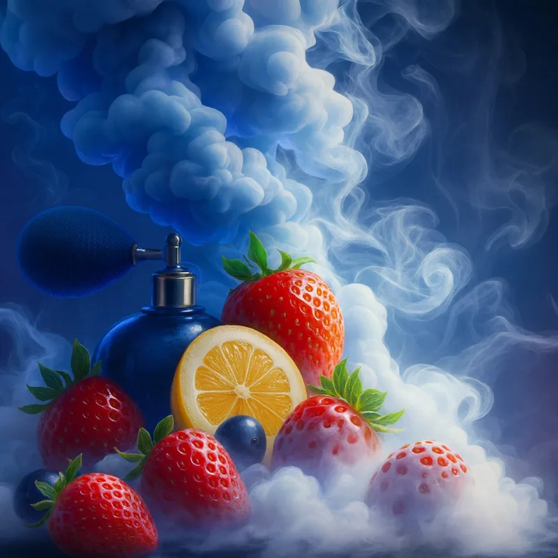 Multi flavor vape with strawberries, lemon, and blueberries in artistic smoke background