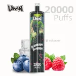 UWIN Crystal 20000 vape featuring Blueberry Raspberry flavor, with fruity splashes and colorful packaging.