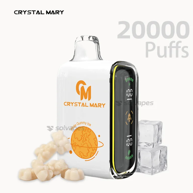 CM-Pulse 20000 White gummy ice disposable vape with mint leaves and ice cubes.