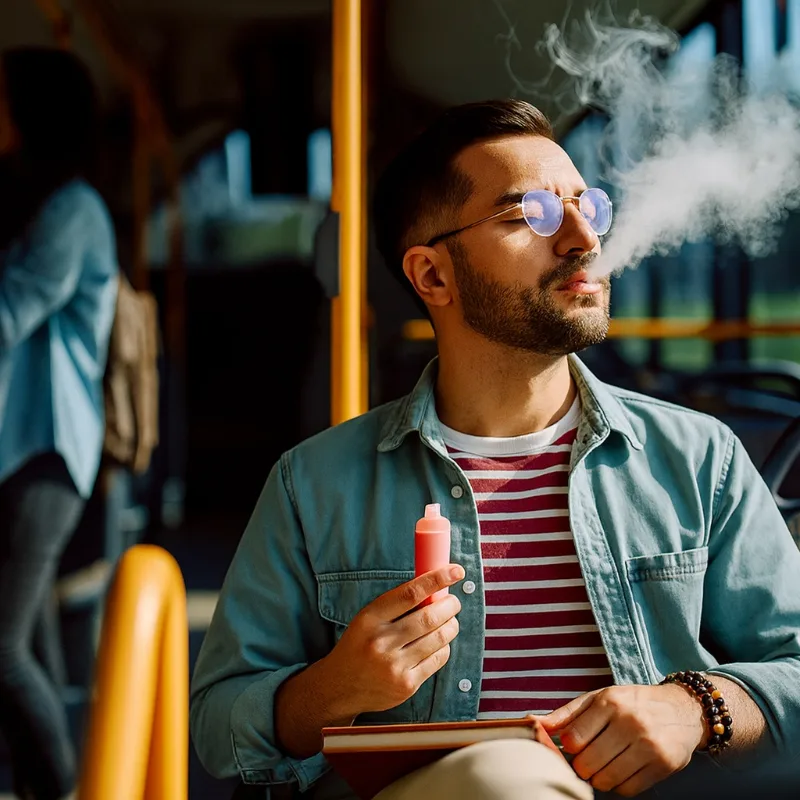 Mann dampft Einweg E-Zigaretten im Bus