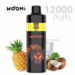Woomi Ecom 12000 disposable vape Pineapple Coconut flavor with visible e-liquid tank.
