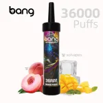 Bang King 36000 peach mango disposable vape and packaging.