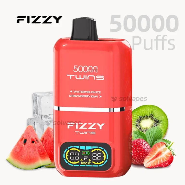 Fizzy Twins 50K disposable vape with dual flavors and LED display.