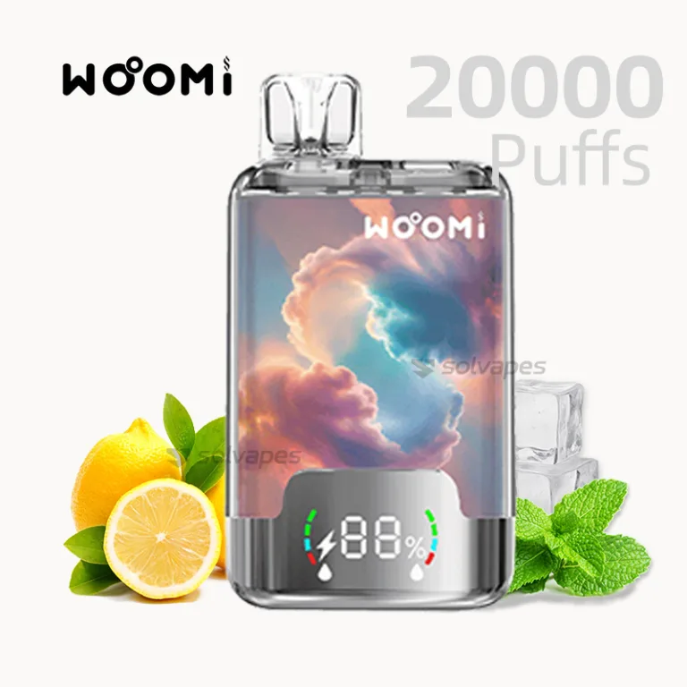 Woomi Twin 20000 disposable vape dual flavor design with Mint Ice & Lemon Ice cubes.