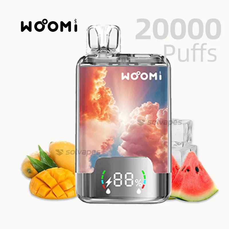 Woomi Twin 20000 disposable vape dual flavor design with Watermelon Mango cubes.