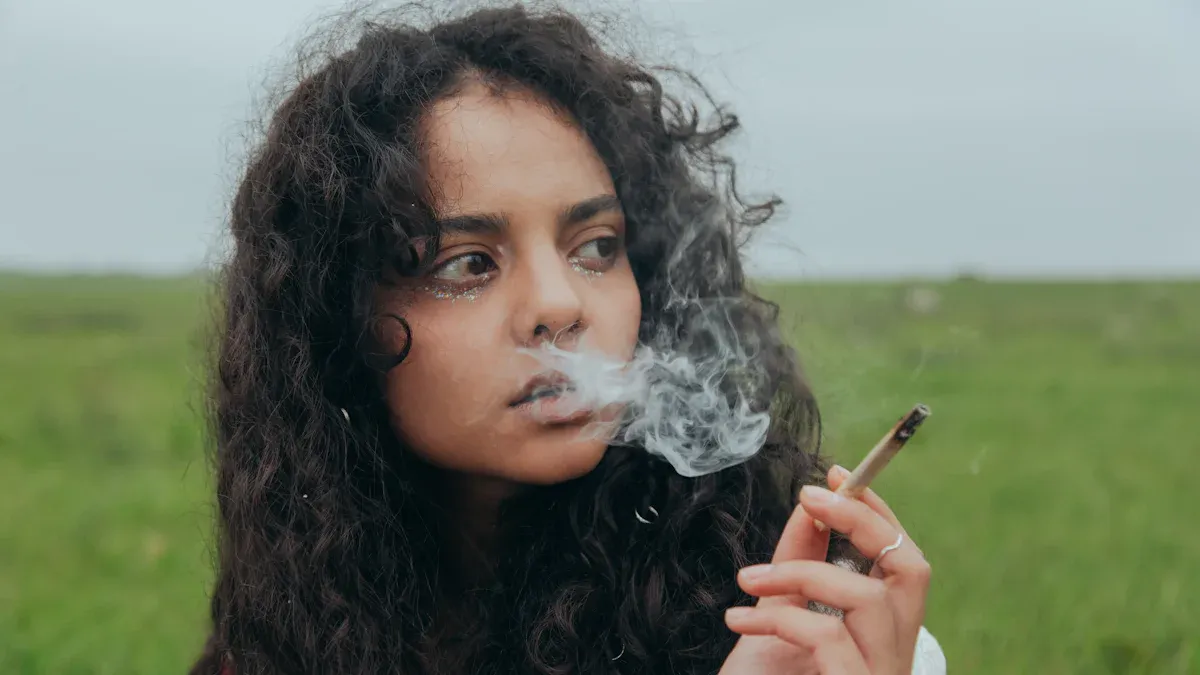 Woman exhaling vapor outdoors related to Disposable Vapes.