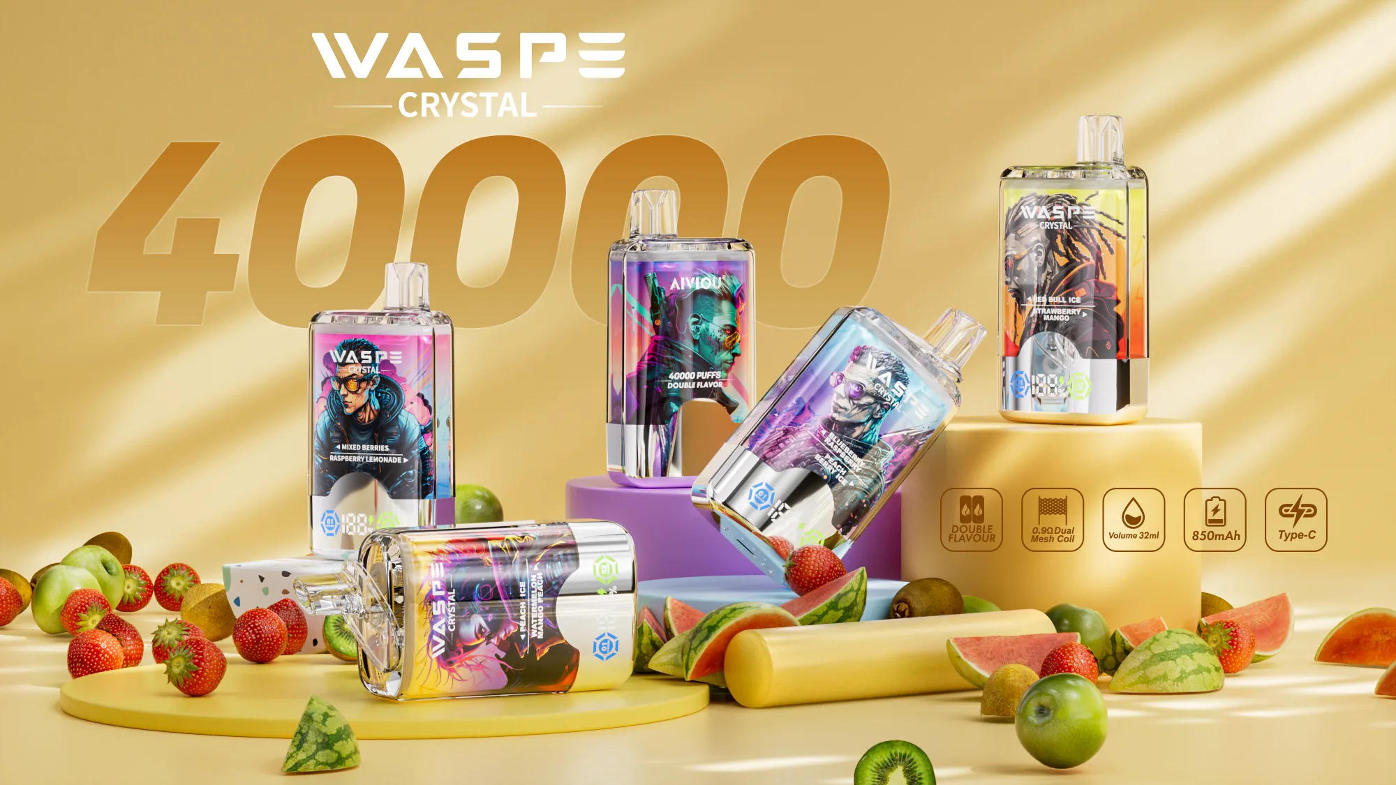 WASPE Crystal 40000 Puffs disposable vape with dual flavors Smooth Experience