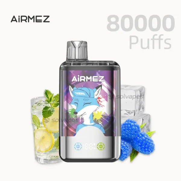 AIRMEZ 80000 Puffs Disposable Vape with Blue Razz Lemonade,Blue Razz and Lemon Lime flavors, featuring a sleek design and colorful graphics.
