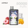 AIRMEZ 80000 Puffs Disposable Vape with Peach Ice,Mango Peach and Lemon Lime flavors, featuring a sleek design and colorful graphics.
