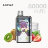 AIRMEZ 80000 Puffs Disposable Vape with Strawberry Kiwi,Strawberry Ice and Lemon Lime flavors, featuring a sleek design and colorful graphics.