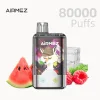 AIRMEZ 80000 Puffs Disposable Vape with Watermelon Ice,Raspberry Watermelon and Lemon Lime flavors, featuring a sleek design and colorful graphics.