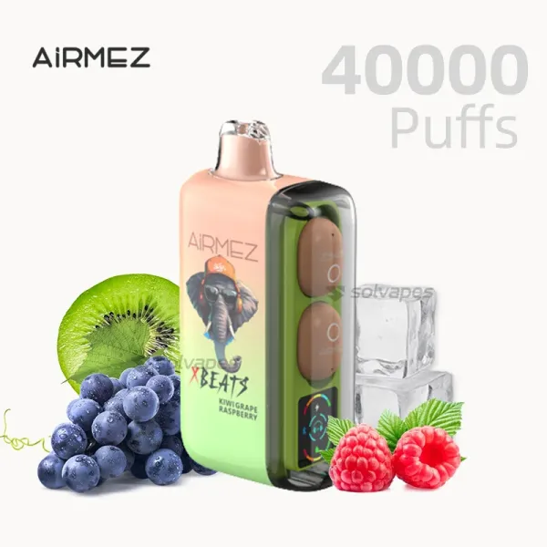 AIRMEZ X BEATS KIWI GRAPE RASPBERRY Disposable Vape with 40,000 puffs capacity, featuring mesh coil and sleek design.