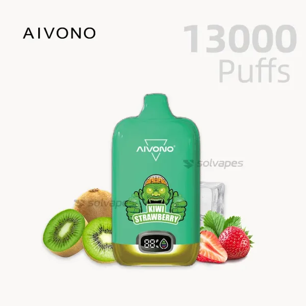 AIVONO 13000 Puffs Disposable Vape featuring Strawberry Kiwi flavor with blueberries and ice.