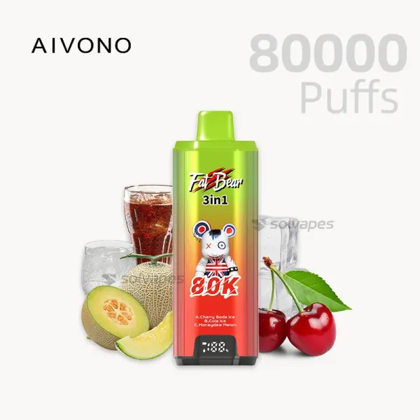 AIVONO FATBEAR 80K Puffs Disposable Vape with Cherry Soda ice / Cola ice /Honeydew Melon flavors.
