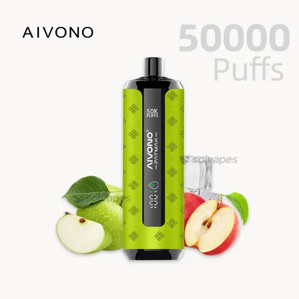 AIVONO FATMAX 50000 Puffs Disposable Vape with Two Apple flavor, featuring LED display, 50,000 puffs, and minty freshness.