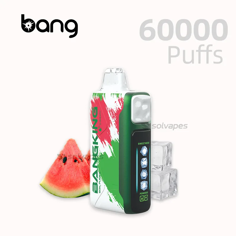 The Bang King Ice Cool 60K Disposable Vape offers 60,000 puffs, 25ml e-liquid, and adjustable coolness for a customizable vaping experience.