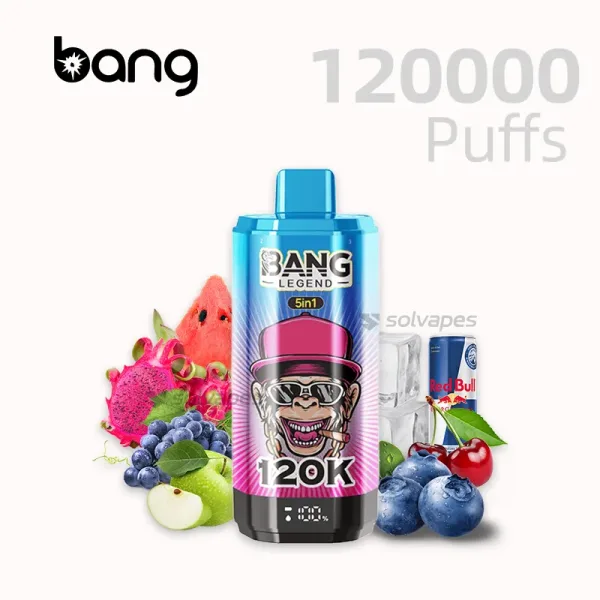 The Bang Legend 120K Disposable Vape offers 120,000 puffs, 5-in-1 flavors, and 2% nicotine.