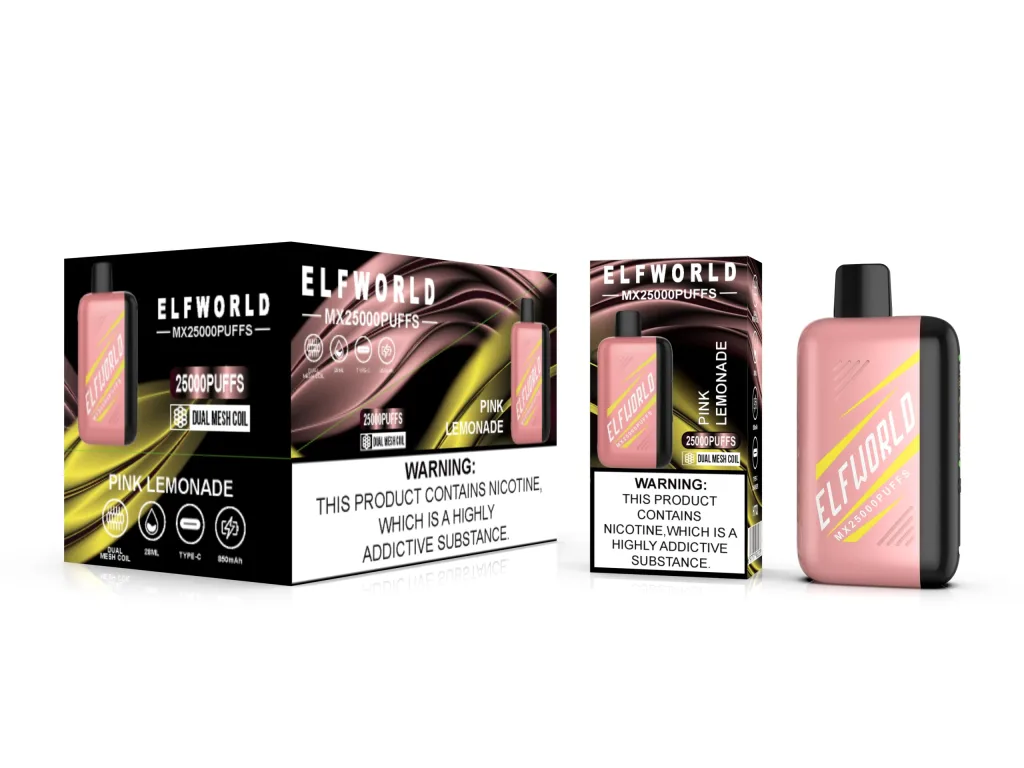 ELFWORLD MX25000 Pink Lemonade disposable vape packaging and device