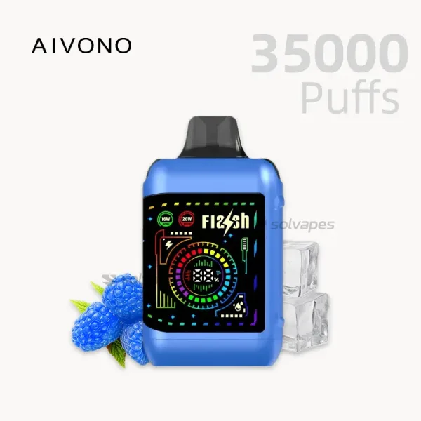 AIVONO AIM FLASH 35000 Puffs Disposable Vape with Blue Razz Ice and LED display.